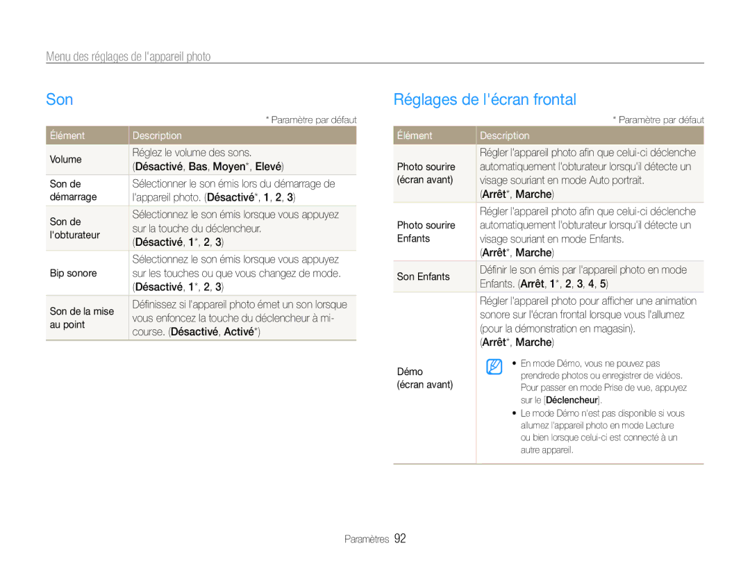 Samsung EC-DV90ZZBPBE1 manual Son, Réglages de lécran frontal, Menu des réglages de lappareil photo, Élément Description 