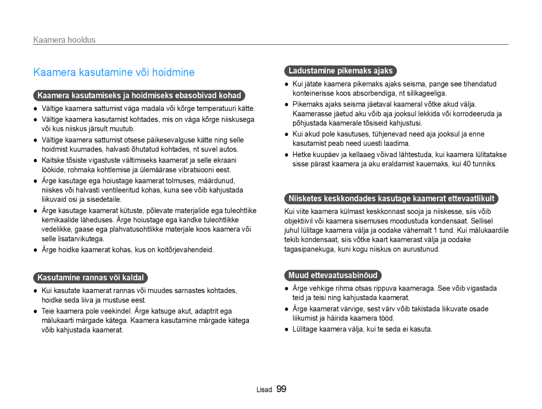 Samsung EC-DV90ZZBPBE2, EC-DV90ZZFPBE2 manual Kaamera kasutamine või hoidmine, Kaamera hooldus 