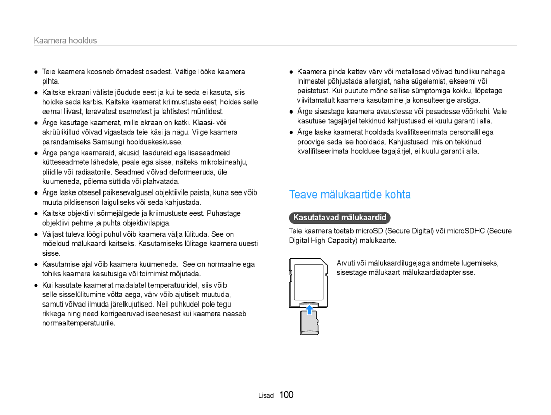 Samsung EC-DV90ZZFPBE2, EC-DV90ZZBPBE2 manual Teave mälukaartide kohta, Kasutatavad mälukaardid 