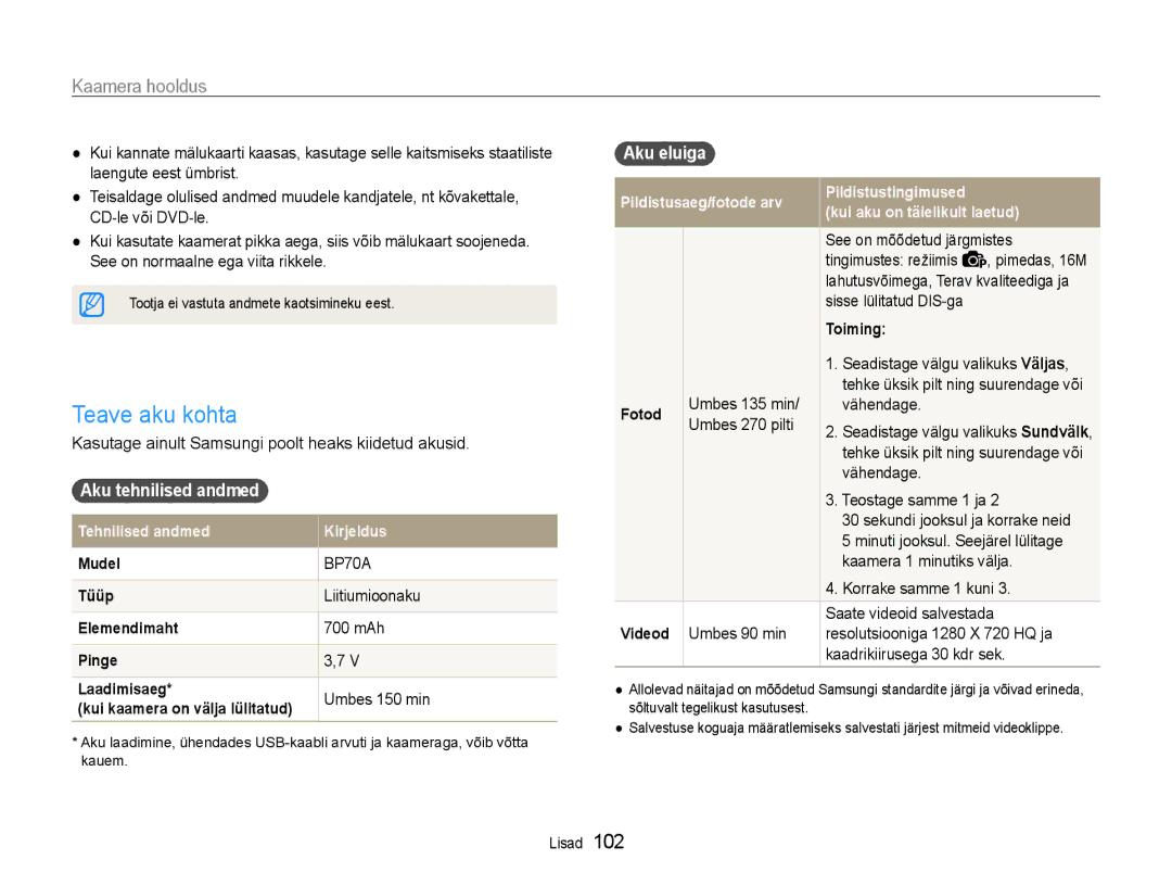 Samsung EC-DV90ZZFPBE2, EC-DV90ZZBPBE2 manual Teave aku kohta, Aku tehnilised andmed, Aku eluiga 