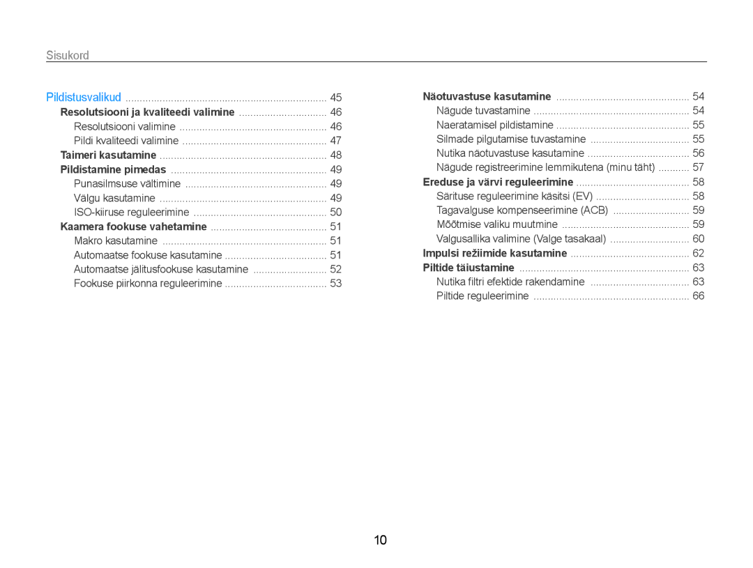 Samsung EC-DV90ZZFPBE2, EC-DV90ZZBPBE2 manual Sisukord﻿, Resolutsiooni ja kvaliteedi valimine 