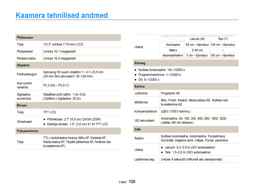 Samsung EC-DV90ZZBPBE2, EC-DV90ZZFPBE2 manual Kaamera tehnilised andmed 