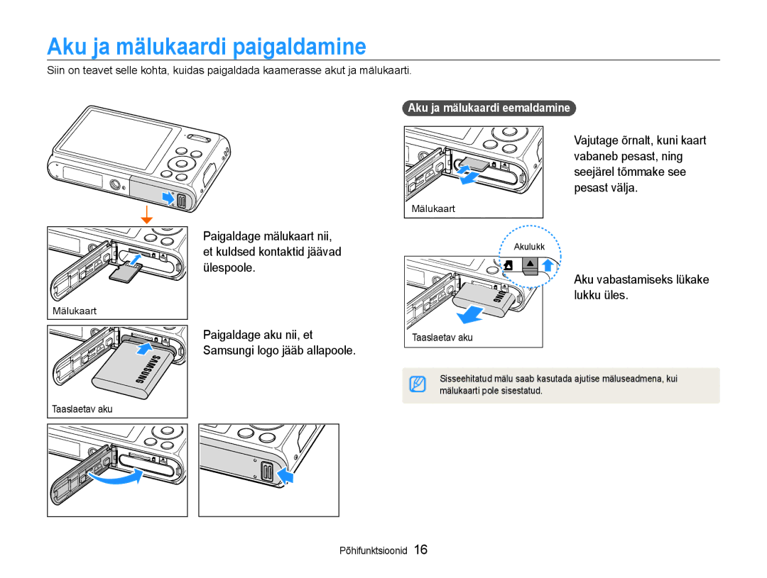 Samsung EC-DV90ZZFPBE2, EC-DV90ZZBPBE2 manual Aku ja mälukaardi paigaldamine, Aku ja mälukaardi eemaldamine 