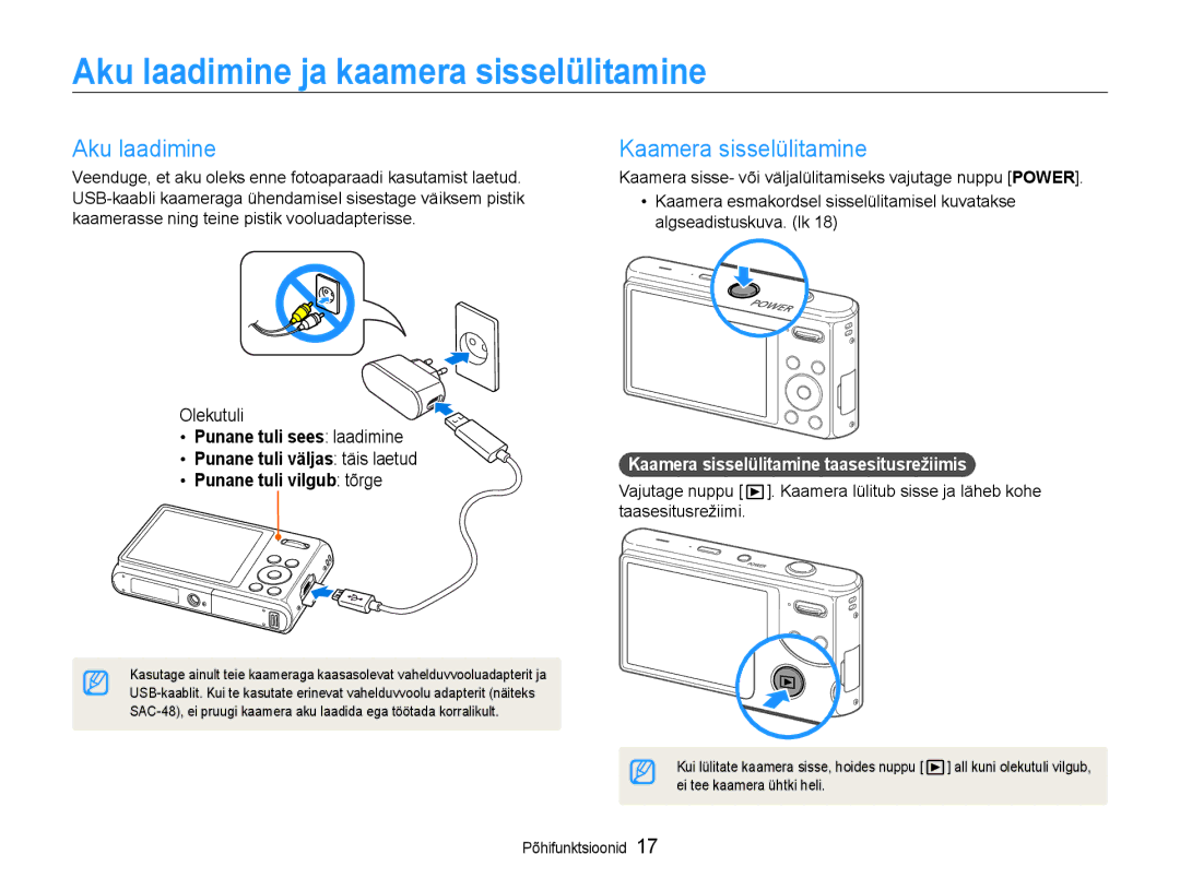 Samsung EC-DV90ZZBPBE2, EC-DV90ZZFPBE2 manual Aku laadimine ja kaamera sisselülitamine, Kaamera sisselülitamine, Olekutuli 