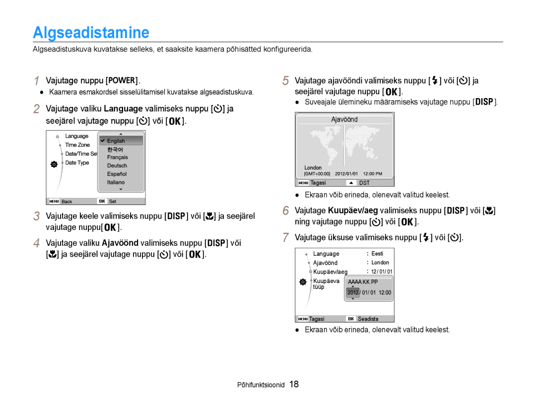 Samsung EC-DV90ZZFPBE2, EC-DV90ZZBPBE2 Algseadistamine, Vajutage nuppu, Või Vajutage ajavööndi valimiseks nuppu või ja 