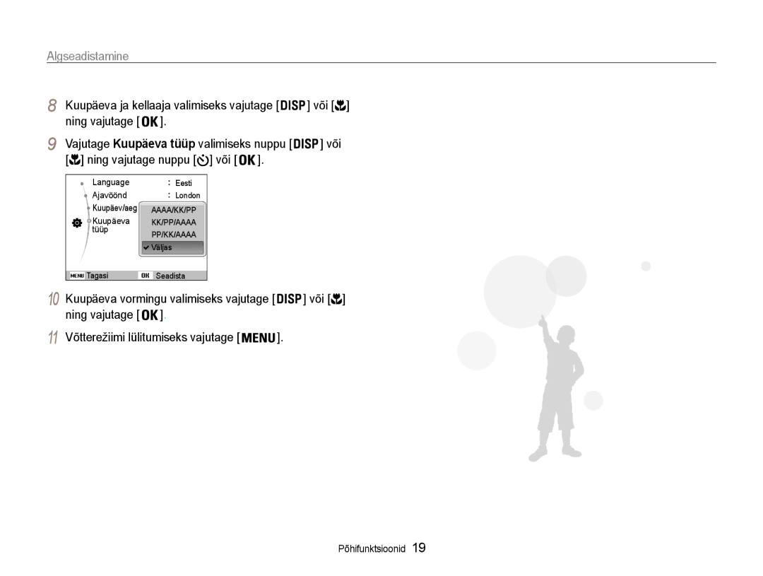 Samsung EC-DV90ZZBPBE2, EC-DV90ZZFPBE2 manual Algseadistamine, Võtterežiimi lülitumiseks vajutage, Ning vajutage 