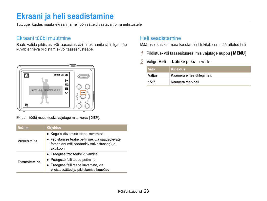 Samsung EC-DV90ZZBPBE2, EC-DV90ZZFPBE2 manual Ekraani ja heli seadistamine, Ekraani tüübi muutmine, Heli seadistamine 