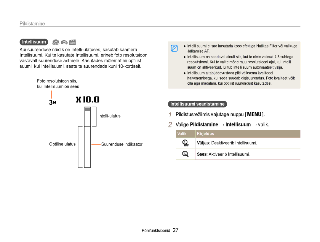 Samsung EC-DV90ZZBPBE2 manual Valige Pildistamine → Intellisuum → valik, Intelli-ulatus, Intellisuumi seadistamine 