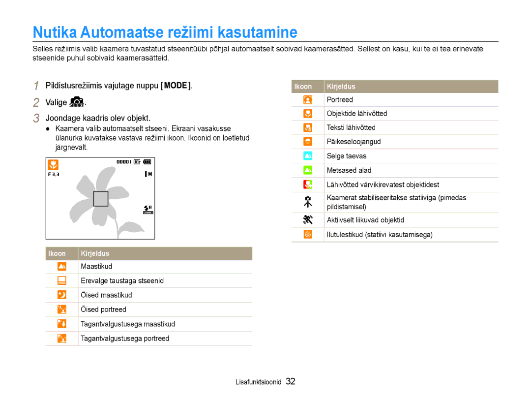 Samsung EC-DV90ZZFPBE2, EC-DV90ZZBPBE2 manual Nutika Automaatse režiimi kasutamine, Valige Joondage kaadris olev objekt 