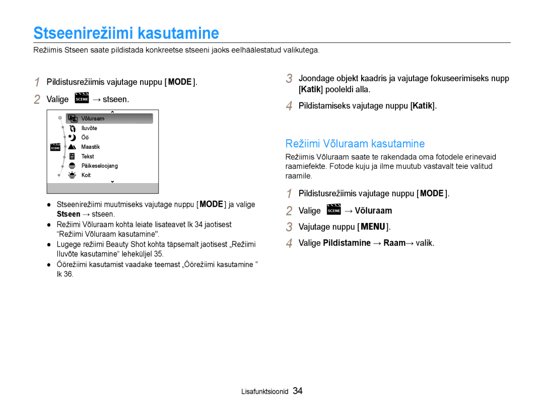 Samsung EC-DV90ZZFPBE2, EC-DV90ZZBPBE2 manual Stseenirežiimi kasutamine, Režiimi Võluraam kasutamine 