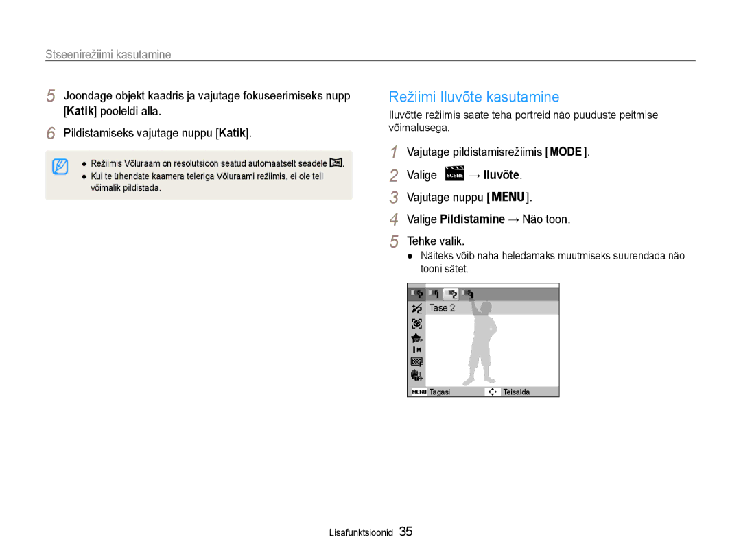 Samsung EC-DV90ZZBPBE2 manual Režiimi Iluvõte kasutamine, Stseenirežiimi kasutamine, Vajutage pildistamisrežiimis Valige 