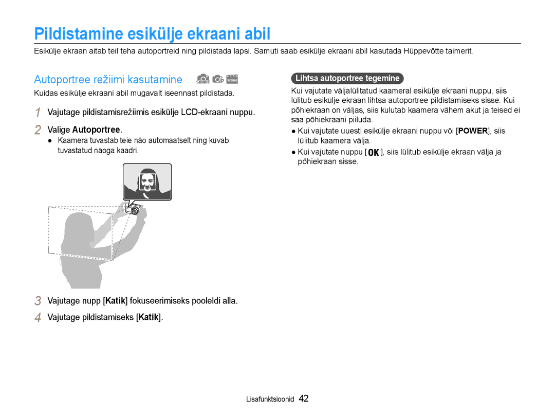 Samsung EC-DV90ZZFPBE2 manual Pildistamine esikülje ekraani abil, Autoportree režiimi kasutamine, Valige Autoportree 