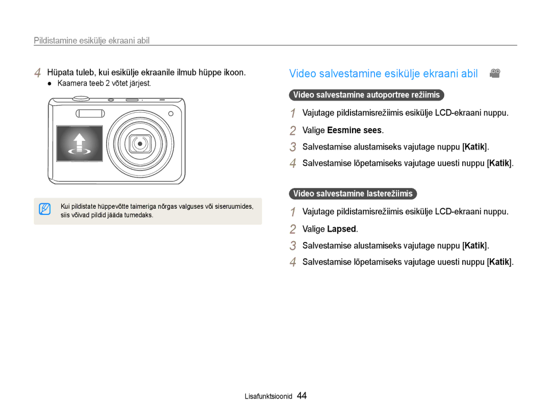 Samsung EC-DV90ZZFPBE2, EC-DV90ZZBPBE2 manual Hüpata tuleb, kui esikülje ekraanile ilmub hüppe ikoon, Valige Eesmine sees 