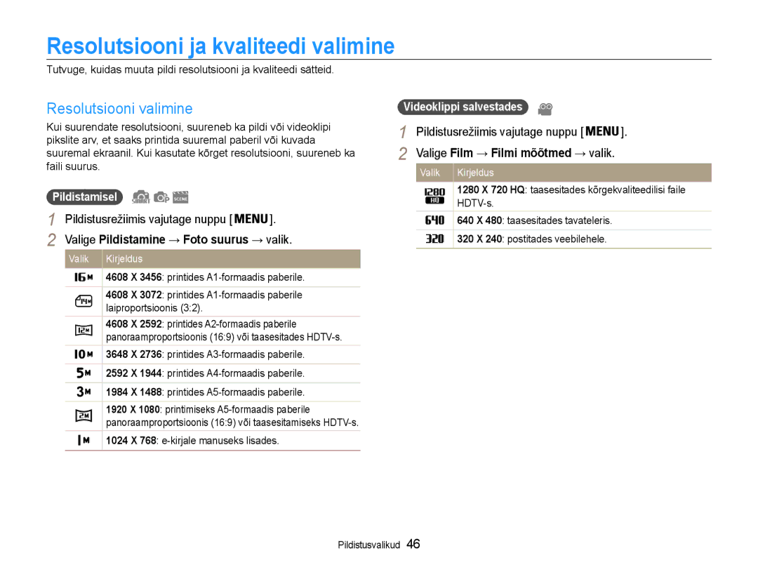 Samsung EC-DV90ZZFPBE2 manual Resolutsiooni ja kvaliteedi valimine, Resolutsiooni valimine, Videoklippi salvestades 