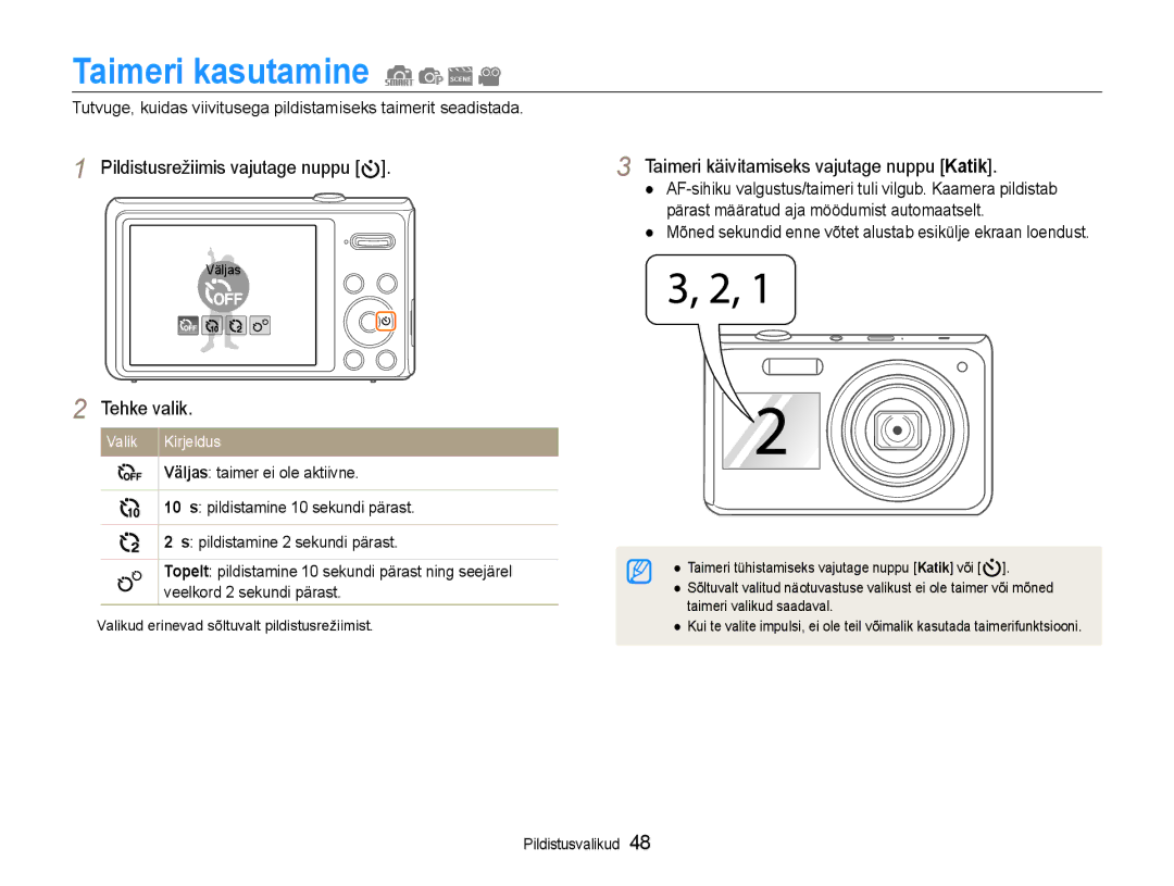 Samsung EC-DV90ZZFPBE2, EC-DV90ZZBPBE2 manual Taimeri kasutamine, Taimeri käivitamiseks vajutage nuppu Katik 