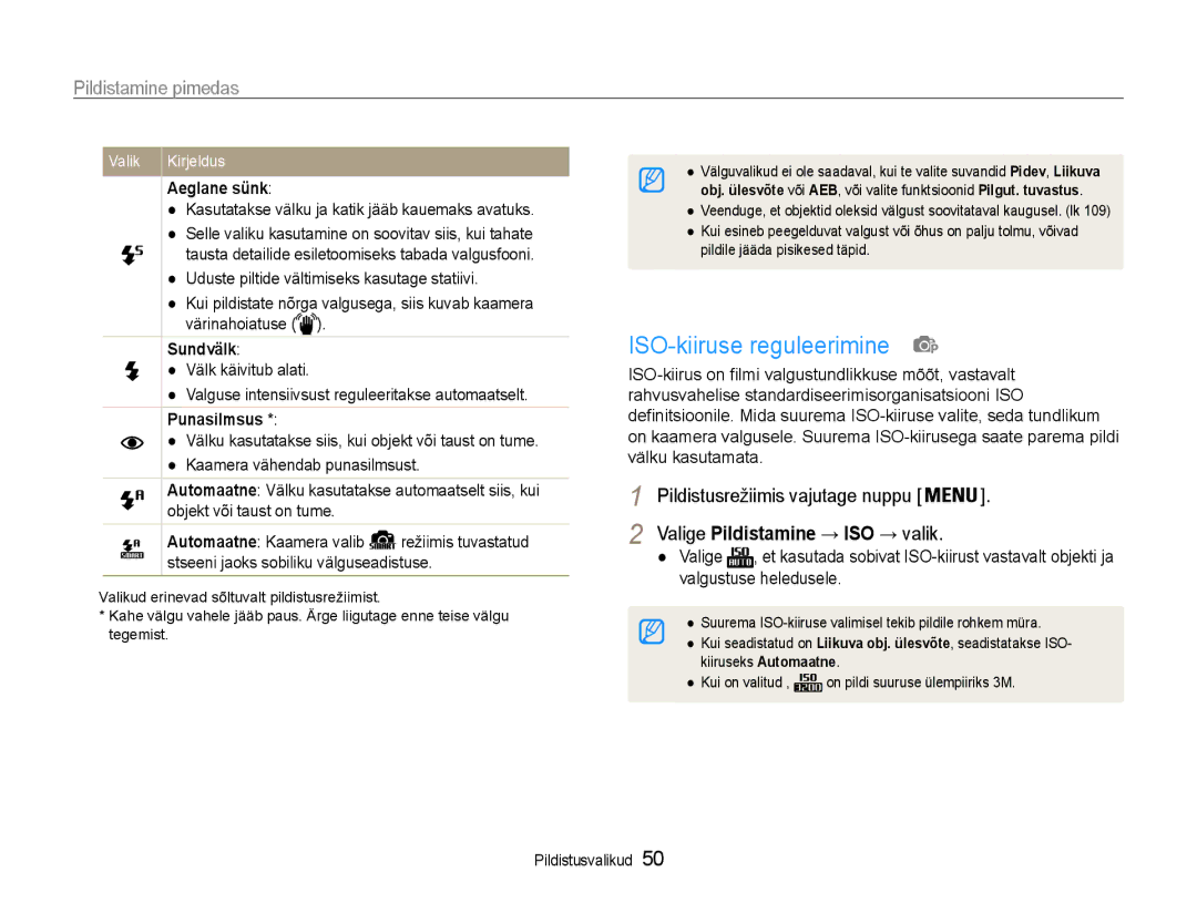 Samsung EC-DV90ZZFPBE2 manual ISO-kiiruse reguleerimine, Pildistamine pimedas, Aeglane sünk, Sundvälk, Punasilmsus 