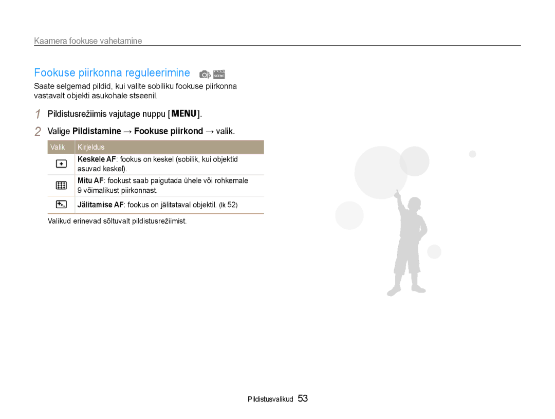 Samsung EC-DV90ZZBPBE2, EC-DV90ZZFPBE2 Fookuse piirkonna reguleerimine, Valige Pildistamine → Fookuse piirkond → valik 