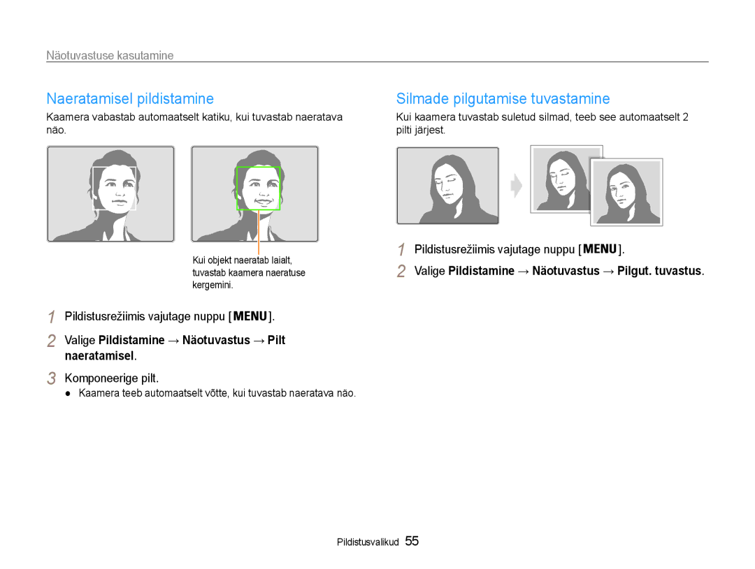 Samsung EC-DV90ZZBPBE2, EC-DV90ZZFPBE2 Naeratamisel pildistamine, Silmade pilgutamise tuvastamine, Näotuvastuse kasutamine 