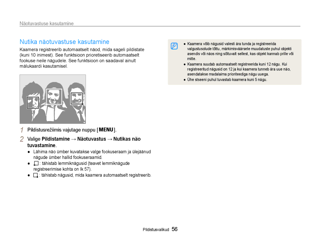 Samsung EC-DV90ZZFPBE2 manual Nutika näotuvastuse kasutamine, Tuvastamine, Valige Pildistamine → Näotuvastus → Nutikas näo 