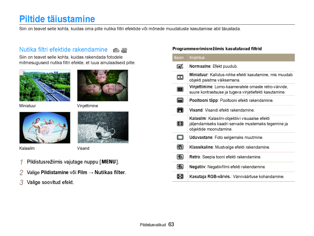 Samsung EC-DV90ZZBPBE2 manual Piltide täiustamine, Nutika filtri efektide rakendamine, MiniatuurVinjettimine KalasilmVisand 