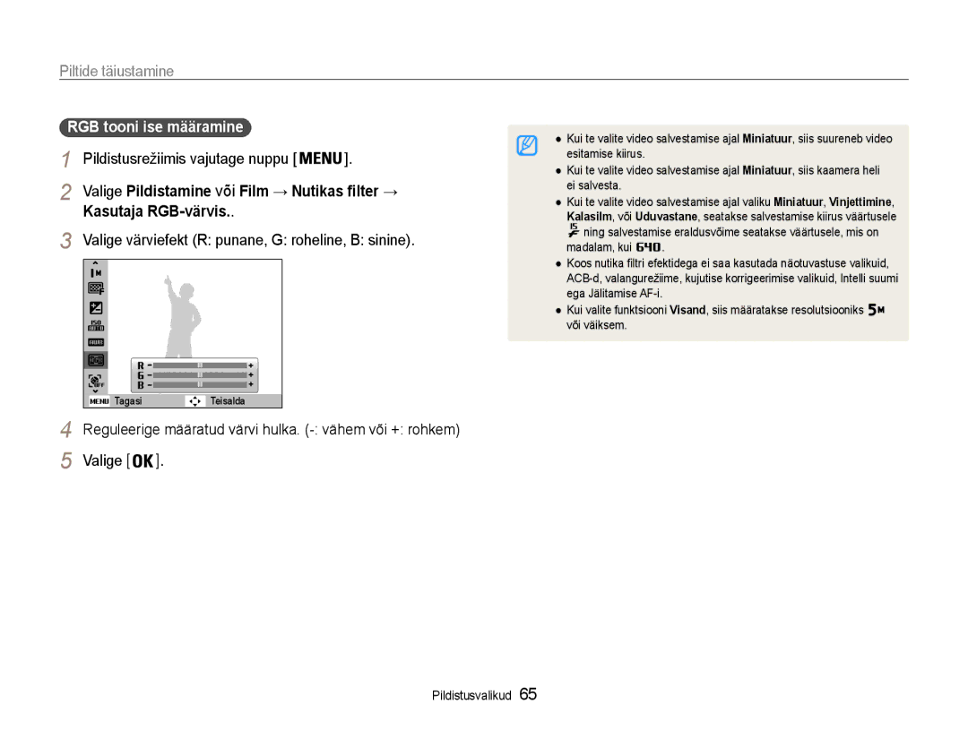 Samsung EC-DV90ZZBPBE2, EC-DV90ZZFPBE2 manual Kasutaja RGB-värvis, Valige Pildistamine või Film → Nutikas filter → 