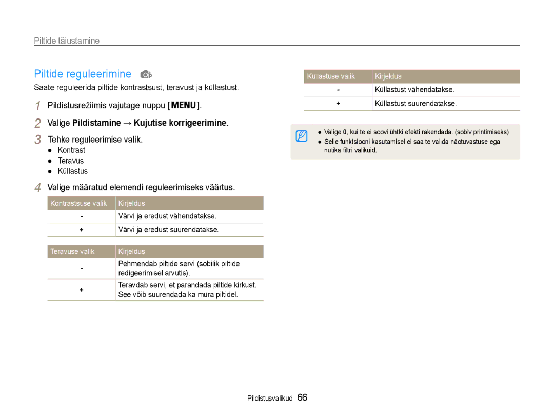 Samsung EC-DV90ZZFPBE2 Piltide reguleerimine, Valige Pildistamine → Kujutise korrigeerimine, Tehke reguleerimise valik 