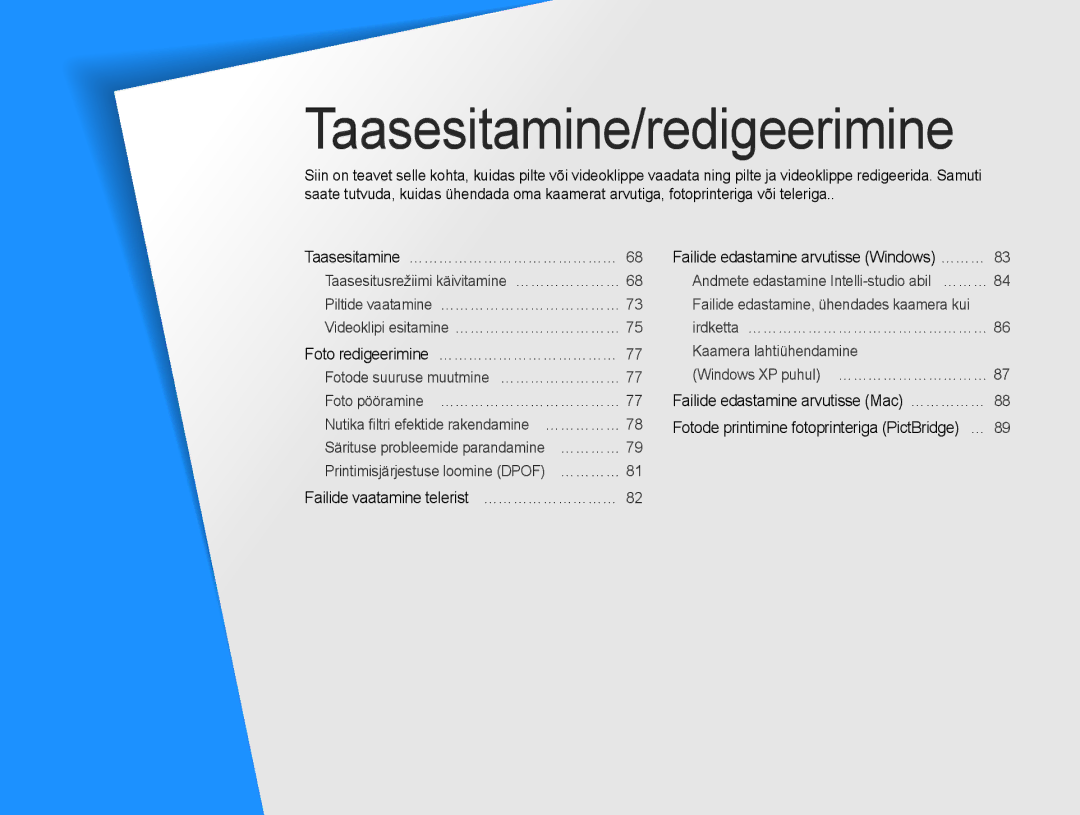 Samsung EC-DV90ZZBPBE2, EC-DV90ZZFPBE2 manual Foto redigeerimine …………………………………, Failide edastamine arvutisse Windows ……… 