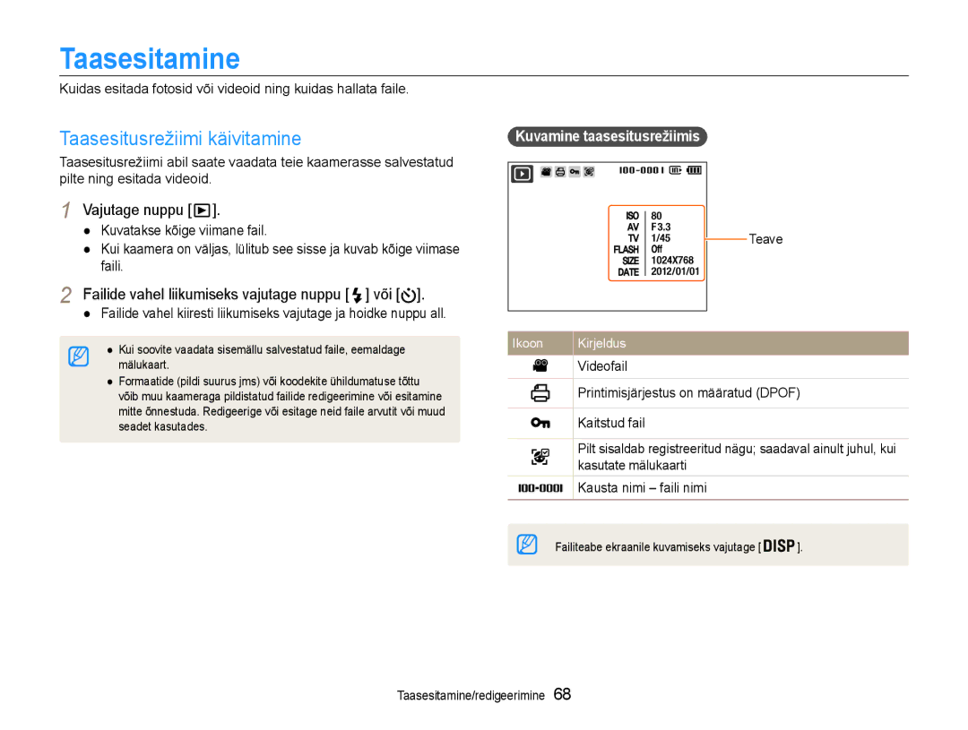 Samsung EC-DV90ZZFPBE2 Taasesitamine, Taasesitusrežiimi käivitamine, Failide vahel liikumiseks vajutage nuppu või, Teave 