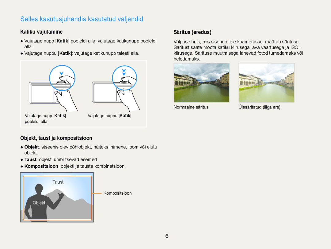 Samsung EC-DV90ZZFPBE2 manual Selles kasutusjuhendis kasutatud väljendid, Katiku vajutamine, Objekt, taust ja kompositsioon 