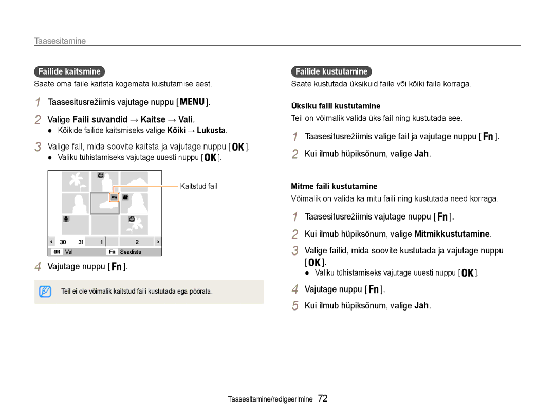 Samsung EC-DV90ZZFPBE2 manual Taasesitusrežiimis vajutage nuppu, Kui ilmub hüpiksõnum, valige Jah, Failide kaitsmine 