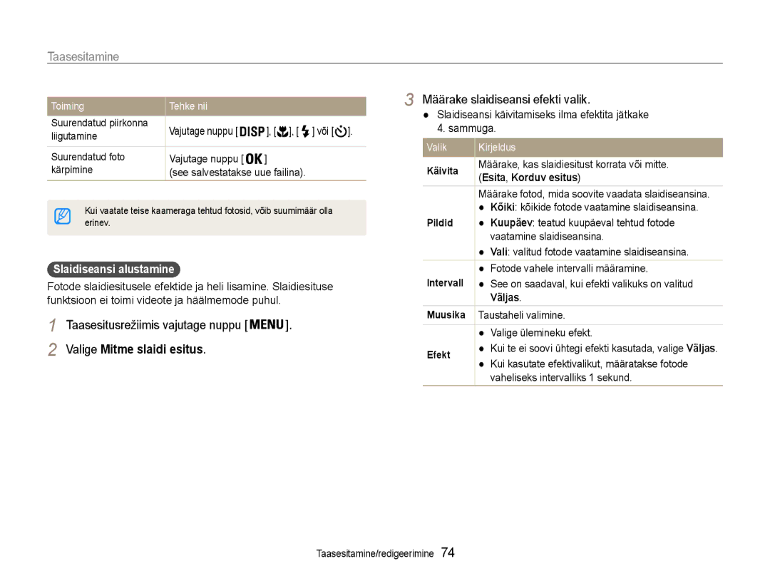 Samsung EC-DV90ZZFPBE2 manual Valige Mitme slaidi esitus, Määrake slaidiseansi efekti valik, Slaidiseansi alustamine 