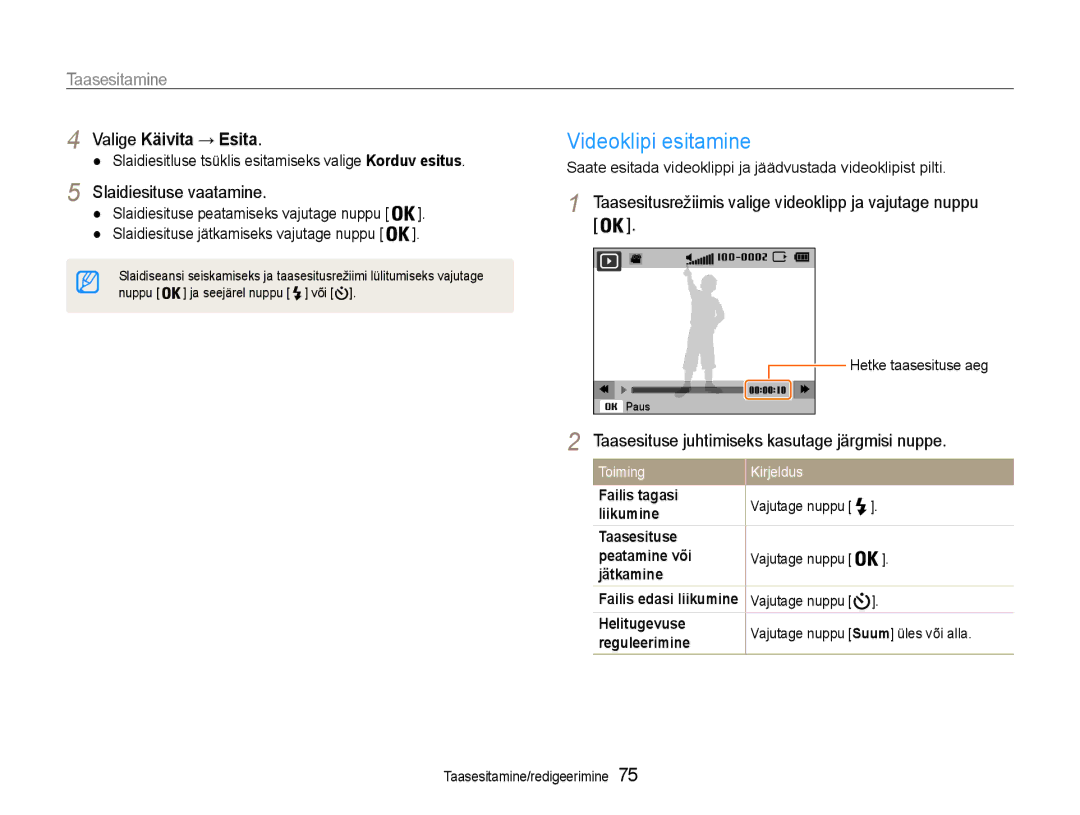 Samsung EC-DV90ZZBPBE2, EC-DV90ZZFPBE2 manual Videoklipi esitamine, Valige Käivita → Esita, Slaidiesituse vaatamine 