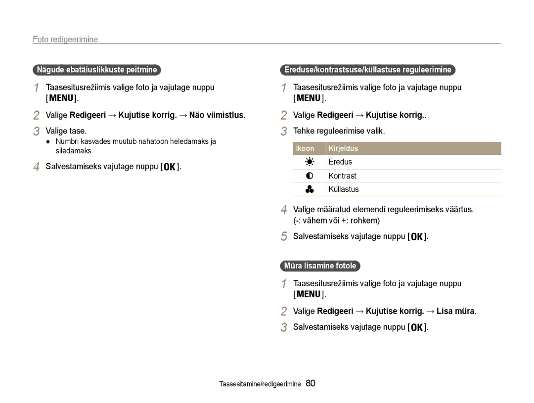 Samsung EC-DV90ZZFPBE2 Valige Redigeeri → Kujutise korrig, Nägude ebatäiuslikkuste peitmine, Eredus Kontrast Küllastus 