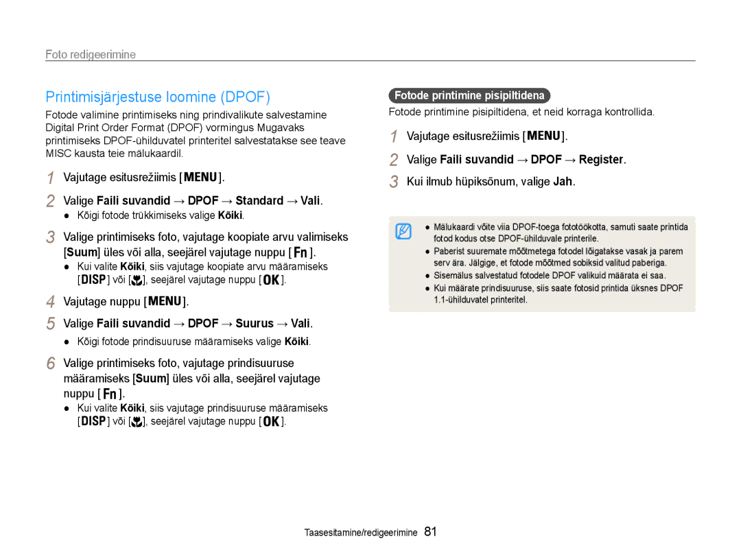 Samsung EC-DV90ZZBPBE2 manual Printimisjärjestuse loomine Dpof, Vajutage esitusrežiimis, Fotode printimine pisipiltidena 