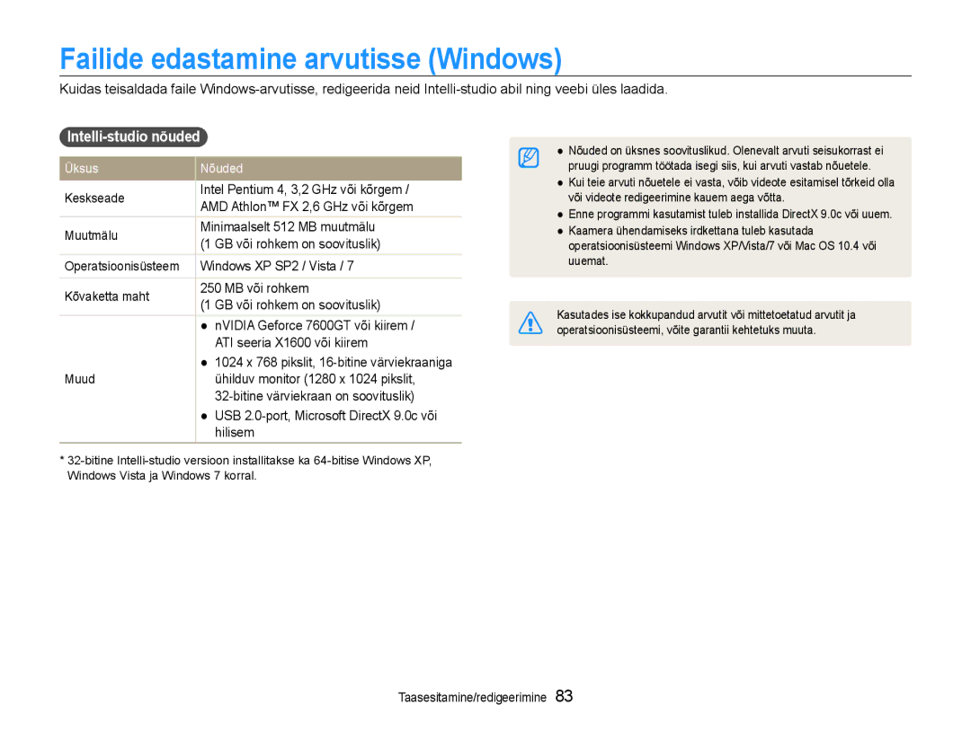 Samsung EC-DV90ZZBPBE2, EC-DV90ZZFPBE2 manual Failide edastamine arvutisse Windows, Intelli-studio nõuded 