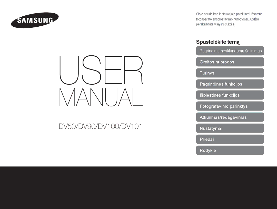 Samsung EC-DV90ZZFPBE2, EC-DV90ZZBPBE2 manual DV50/DV90/DV100/DV101Nustatymai 