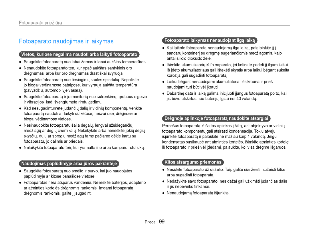 Samsung EC-DV90ZZBPBE2, EC-DV90ZZFPBE2 manual Fotoaparato naudojimas ir laikymas, Fotoaparato priežiūra 