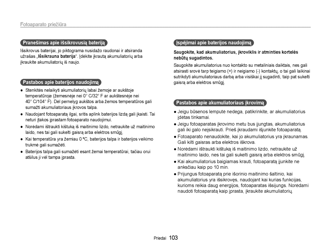 Samsung EC-DV90ZZBPBE2, EC-DV90ZZFPBE2 manual Pranešimas apie išsikrovusią bateriją, Pastabos apie baterijos naudojimą 