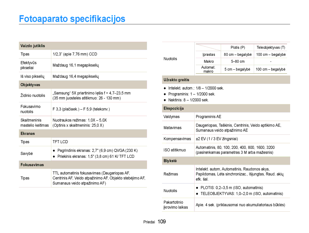 Samsung EC-DV90ZZBPBE2 manual Fotoaparato specifikacijos, Vaizdo jutiklis, Užrakto greitis Objektyvas, Ekspozicija 