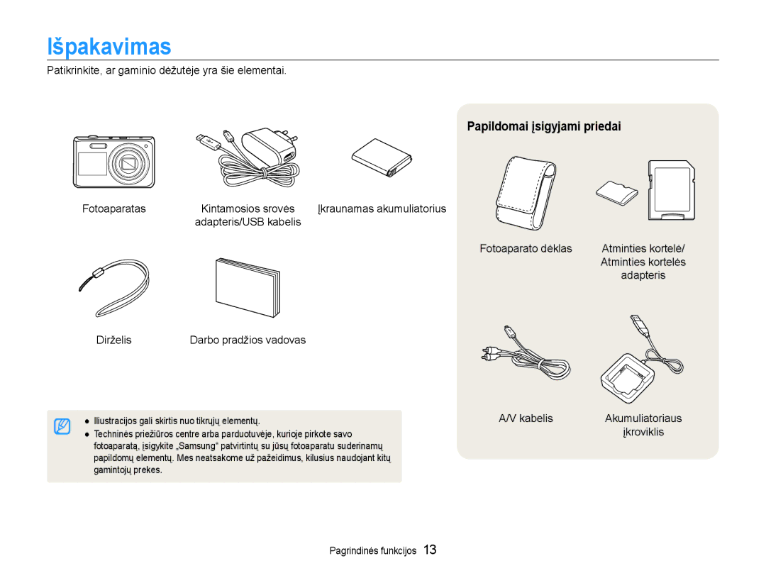 Samsung EC-DV90ZZBPBE2, EC-DV90ZZFPBE2 manual Išpakavimas, Papildomai įsigyjami priedai 