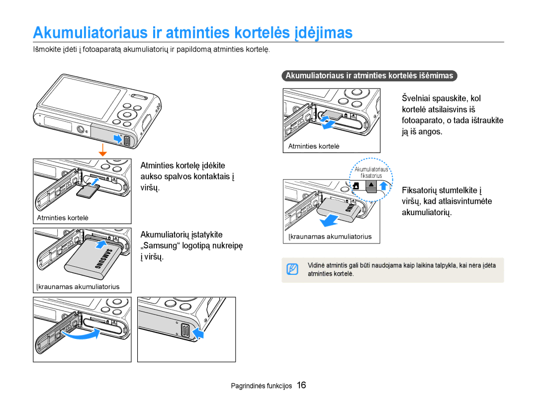 Samsung EC-DV90ZZFPBE2 Akumuliatoriaus ir atminties kortelės įdėjimas, Akumuliatoriaus ir atminties kortelės išėmimas 