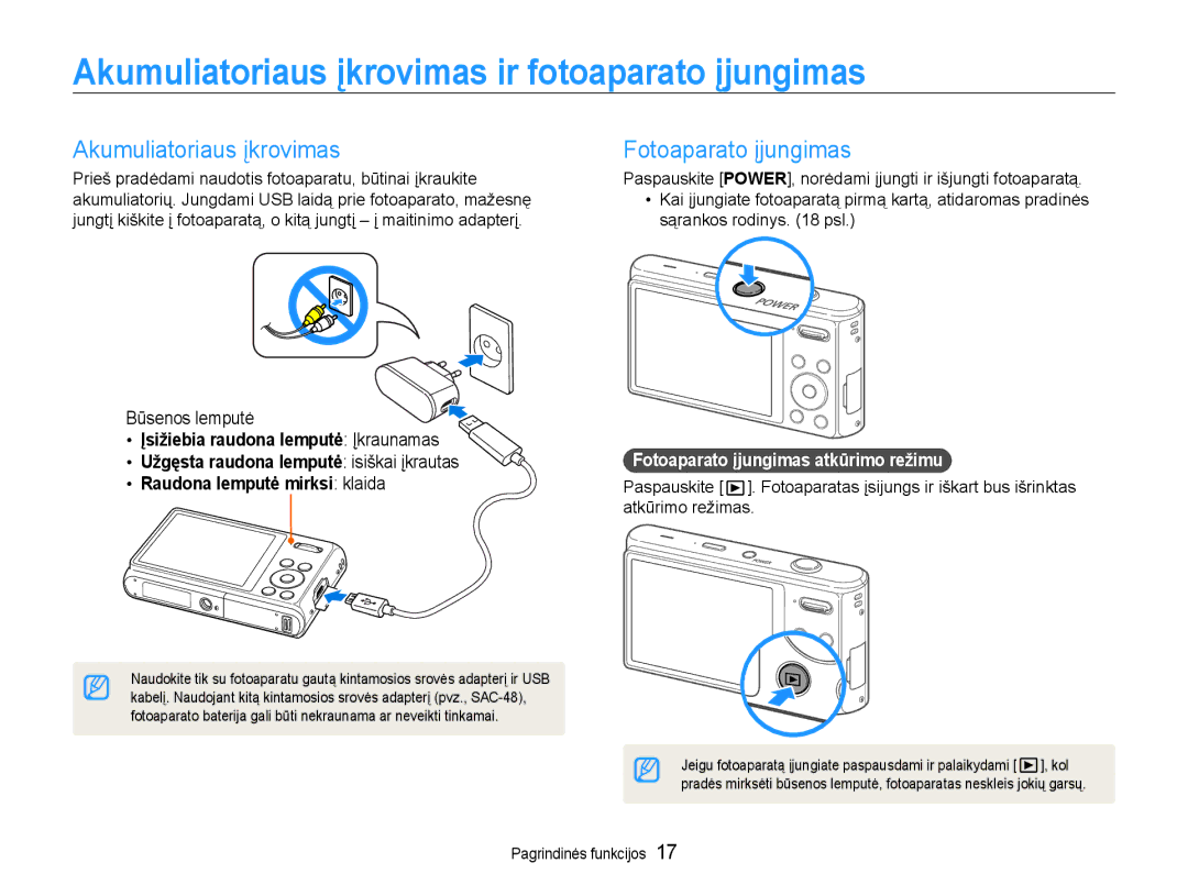 Samsung EC-DV90ZZBPBE2 manual Akumuliatoriaus įkrovimas ir fotoaparato įjungimas, Fotoaparato įjungimas, Būsenos lemputė 