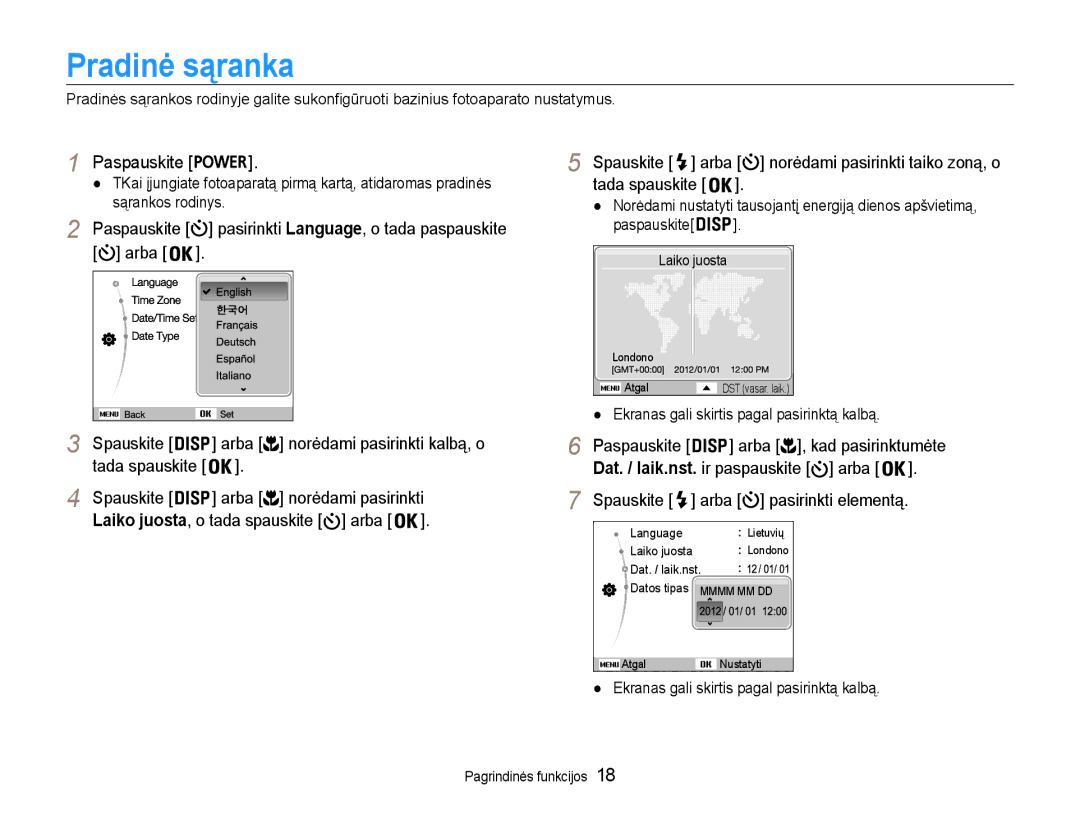 Samsung EC-DV90ZZFPBE2, EC-DV90ZZBPBE2 manual Pradinė sąranka, Paspauskite, Dat. / laik.nst. ir paspauskite arba 