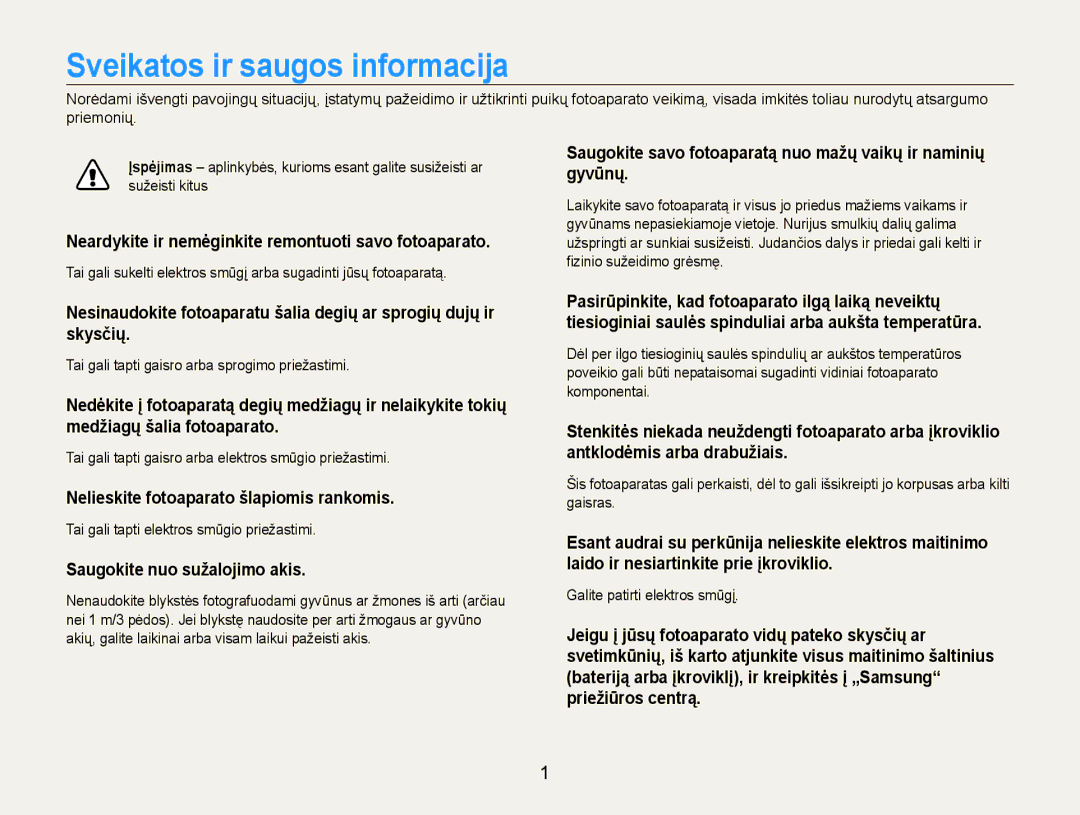 Samsung EC-DV90ZZBPBE2 manual Sveikatos ir saugos informacija, Neardykite ir nemėginkite remontuoti savo fotoaparato 