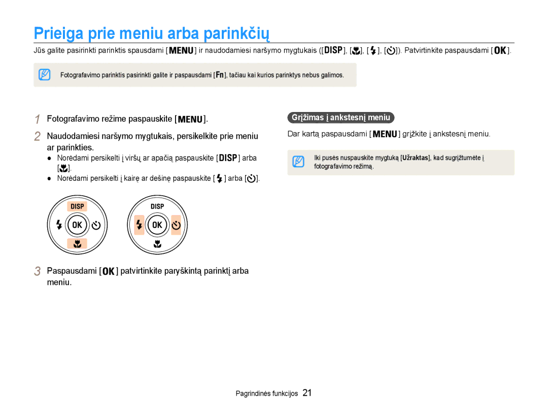 Samsung EC-DV90ZZBPBE2 Prieiga prie meniu arba parinkčių, Ar parinkties, Paspausdami, Meniu, Grįžimas į ankstesnį meniu 