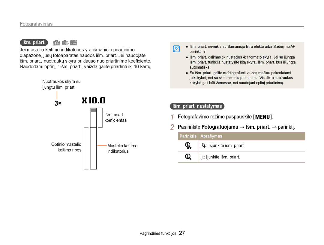 Samsung EC-DV90ZZBPBE2 manual Išm. priart. nustatymas, Išm. priart Fotografavimo režime paspauskite Koeficientas 