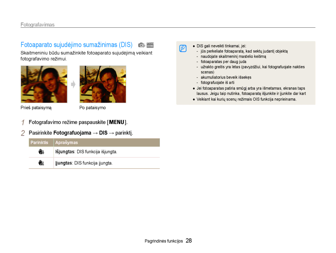 Samsung EC-DV90ZZFPBE2, EC-DV90ZZBPBE2 manual Fotoaparato sujudėjimo sumažinimas DIS 