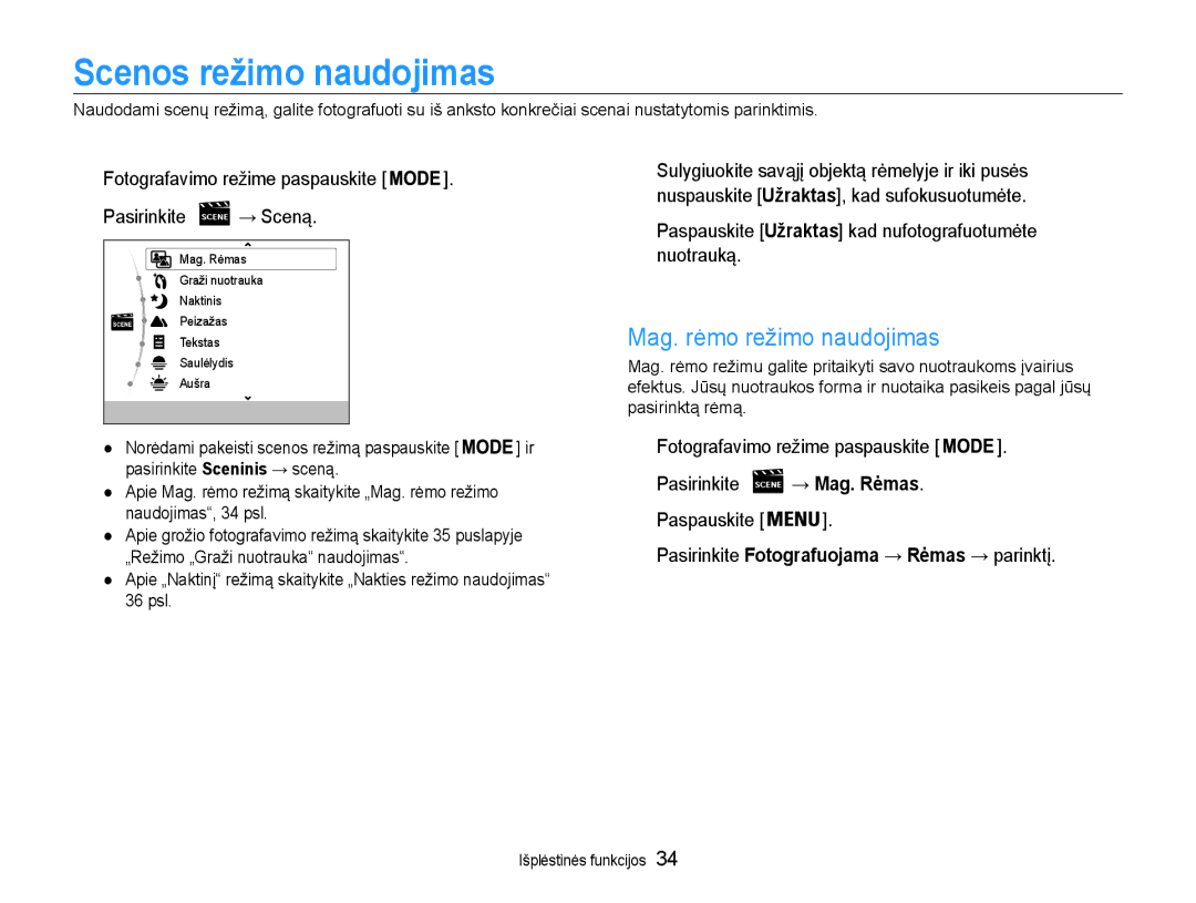 Samsung EC-DV90ZZFPBE2, EC-DV90ZZBPBE2 manual Scenos režimo naudojimas, Mag. rėmo režimo naudojimas 