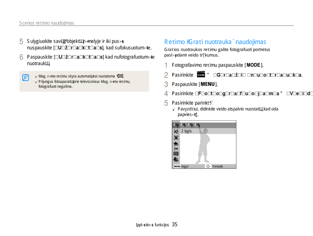 Samsung EC-DV90ZZBPBE2, EC-DV90ZZFPBE2 Režimo „Graži nuotrauka naudojimas, Scenos režimo naudojimas, Pasirinkite parinktį 