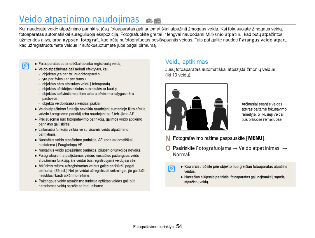 Samsung EC-DV90ZZFPBE2, EC-DV90ZZBPBE2 manual Veido atpažinimo naudojimas, Veidų aptikimas, Normali 